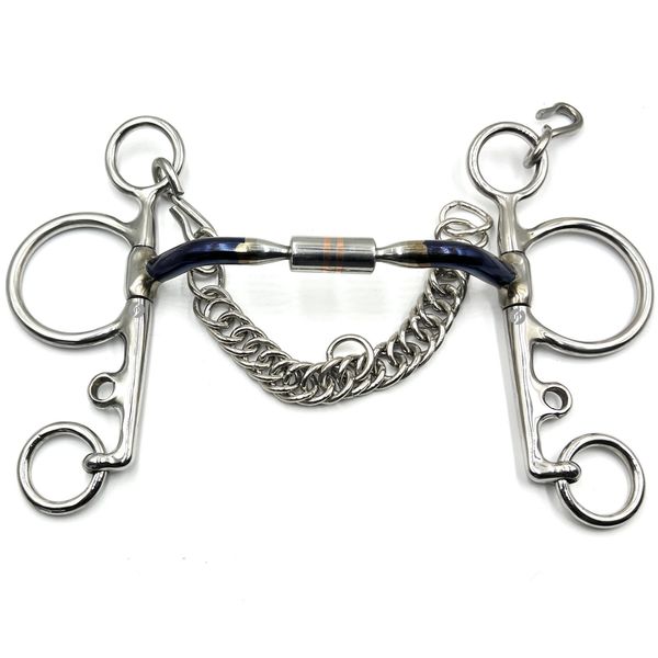 Copper Roller Ported Pelham Blue Sweet Iron Horse Bit Snaffle with Hook and Chain (5.5")