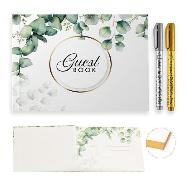 Elegant Eucalyptus Wedding Guest Book, Hard Cover Guest Book, Gold Foil 9x7 Guest Sign in Book Wedding, 120 Pages BLANK Gold Sign in Book, Two Metallic Guest Book Marker, Wedding Essentials
