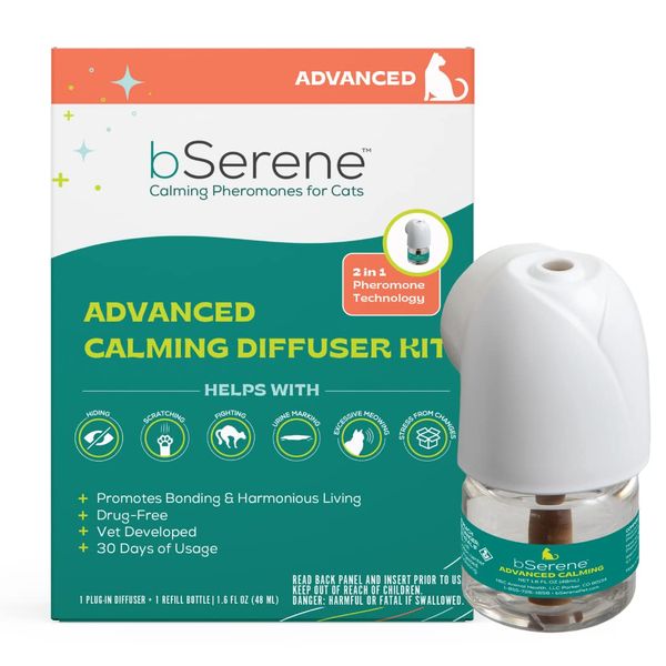 bSerene Advanced Pheromone Calming Solution for Cats|30-Day Starter Kit: Plug-in Diffuser + Refill |Helps Reduce Hiding, Scratching, Stress, Spraying | for Single & Multi-cat Homes | Promotes Bonding