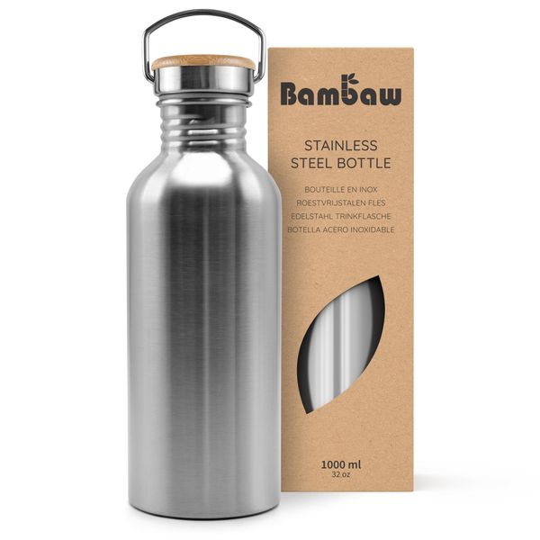 Bambaw Stainless Steel Water Bottle | 1 Litre Water Bottle | Non Insulated Single Wall Bottle | Plastic Free and Leakproof Metal Water Bottle | 1l Water Bottle | Multi-purpose Water Bottle