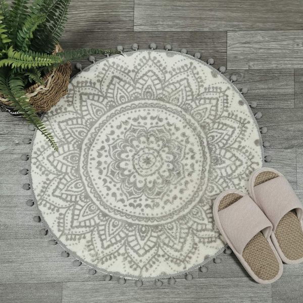 Uphome Small Round Rug 2’ Boho Beige and Grey Bathroom Rug with Pom Poms Fringe Washable Mandala Circle Shower Mat Soft Non-Slip Cute Circular Throw Rug for Sink Powder Room Kids Room Nursery