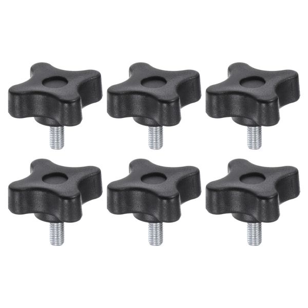 sourcing map 6pcs Star Knobs M5 x 10mm Male Thread Plastic 4-Star Stud Knob Hand Tightening Clamping Screw Replacement Threaded Handle, Black