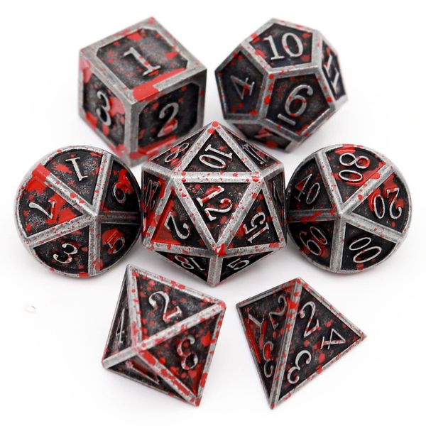 Haxtec Bloodstained Metal DND Dice Set Blood On Dice D&D Polyhedral RPG Dice With Leather Dice Bag for Dungeons and Dragons Gifts TTRPG