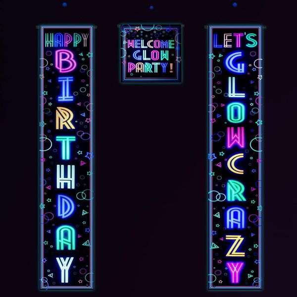 Glow Neon Party Decorations - Glow in The Dark Theme Happy Birthday Door Banner, Let's Glow Crazy Glow Porch Sign, Blacklight Photography Backdrop Decor for Neon Party Supplies