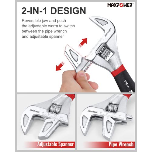 MAXPOWER Adjustable Spanner 200mm, 2-in-1 Adjustable Wrench & Pipe Wrench Switchable with Disassembled & Reversible Jaw