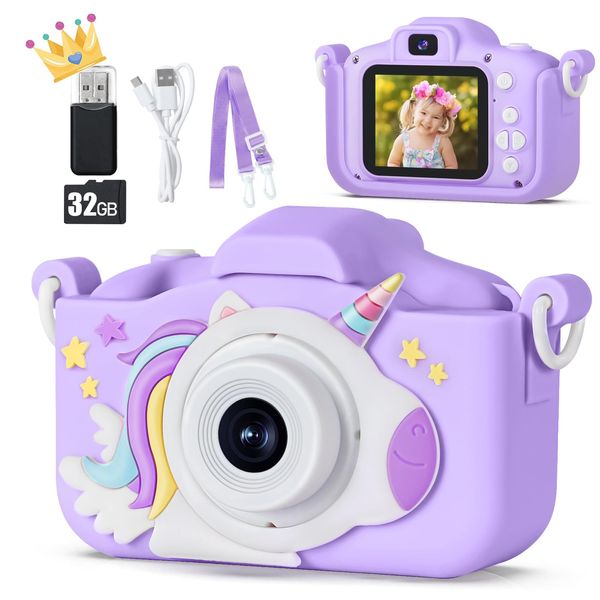 KIZJORYA Upgraded 48MP Kids Camera for Girls Boys 3-12, Video Selfie Camera-Christmas Birthday Gift for Toddler, HD Digital Camera Toy for Child with 32GB SD Card & Silicone Cover (Purple)