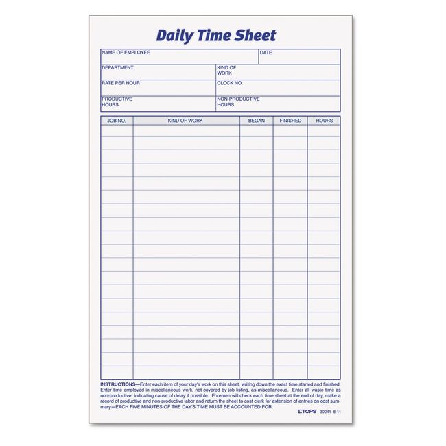 TOPS Daily Employee Time And Job Sheet, 6 x 9.5 Inches, 100 Sheets per Pad, 2 Pads/Pack (30041)