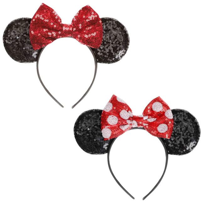 EUPSIIU 2 Pieces Mouse Ears Headband, Sparkly Bow Headbands Mouse Ears Headwear Cosplay Party Headband for Adult Kids Shiny Headband for Girls Women Fancy Dress Costume Head Band Christmas (2PCS)