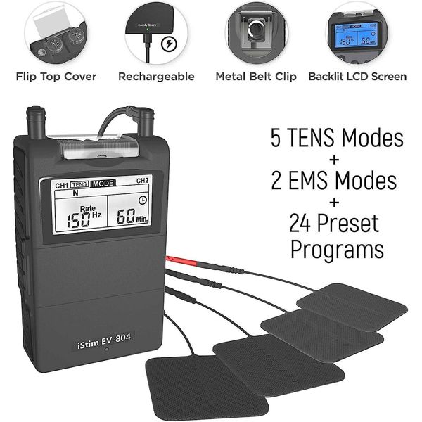 iSTIM EV-804 TENS/EMS 2 Channel Rechargeable Combo Machine Unit - Muscle Stimula