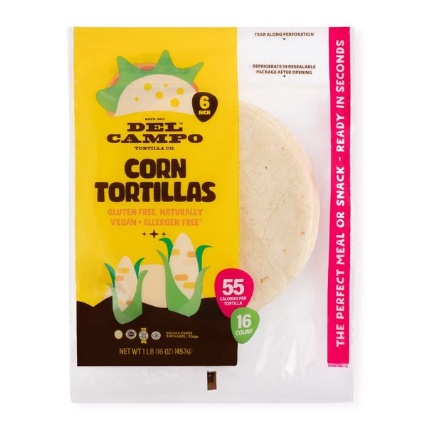 Del Campo Soft Corn Tortillas – 6 Inch Round 1 Lb. Bag. 100% Delicious, Gluten Free and All-Corn Authentic Mexican Food. Many Serving Options: Wraps, Tacos, Quesadillas or Burritos, Kosher. (16ct.)