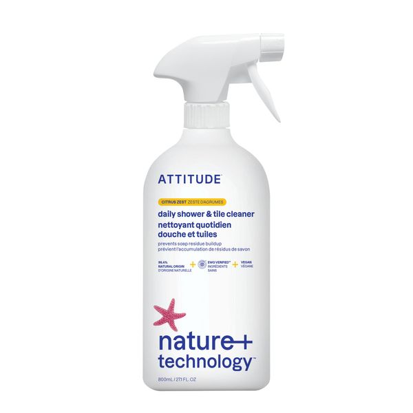 ATTITUDE Daily Shower and Tile Cleaner, EWG Verified, Plant- and Mineral-Based Ingredients, Vegan Household Cleaning Products, Citrus Zest, 800 mL