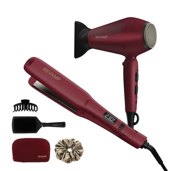 Revamp The Forever Love, Progloss Radiance Dryer & Hair Straighteners Gift Set, Ceramic Grille and Plates Infused with Progloss Oils, Ionic and Infrared Technology, Merlot and Platinum Gold Edition