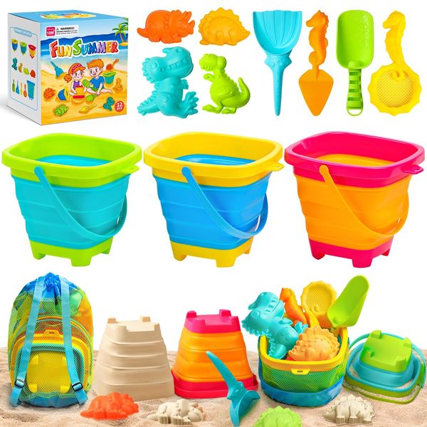 Teuevayl Collapsible Bucket Beach Sand Toys for Kids, Travel Beach Toys with Mesh Bag, 3 Collapsible Sand Castle Toys, Dinosaur Sand Molds, Shovel Sieve, 12 PCS Sandbox Beach Toys for Toddler 3-10