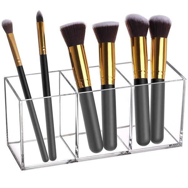 OWAYOTO Makeup Brush Organizer Clear Acrylic Makeup Brush Organizer Makeup Organiser Tray Pen Pencil Holder 3 Slot Office Desk Stationery