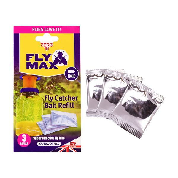 Zero In Fly Max Re-Usable Fly Catcher – Bait Refill Sachet – 3-Pack. Effective Flytrap, Insect Attractant for Outdoor Use. Just Add Water. Covers up to 10 m Radius