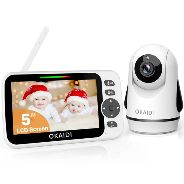 OKAIDI Video Baby Monitor with Camera and Audio, 5" Display Baby Monitor No WiFi, 30H Battery and 1000ft Range Baby Monitor, Remote Pan-Tilt-Zoom Baby Camera, Night Vision, 2-Way Talk, VOX,Temperature