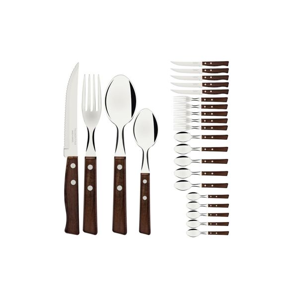 Tramontina Cutlery Set with Steak Knives, 24 Piece Sharp Knife, Forks, Teaspoons, Tablespoons with Wooden Handles, ‎Camping, Kitchen, Rustic, 22299050