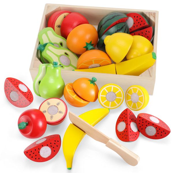 WHOHOLL Wooden Play Food with Wooden Tray & Knife, Pretend Play Cutting Food Toys, Fruits Toy Food Sets for Kids Kitchen, Mini Food Toy, Montessori Toys Learning Resources for 1-5 Year Old Toddlers