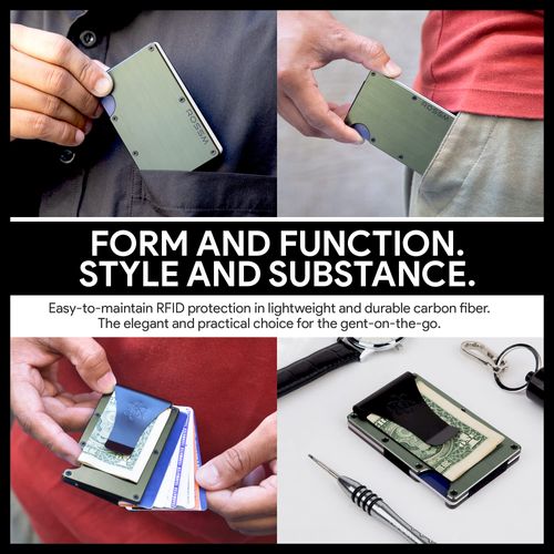 ROSSM Men's Wallet with RFID Protection - Men's Card Holder Made of Carbon Fibre and Metal with Money Clip and Elastic Band - RFID Wallet Men's Slim Wallet for Men, Army Green, Money Clip