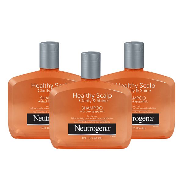 Neutrogena Exfoliating Healthy Scalp Clarify & Shine Shampoo for Oily Hair and Scalp, Anti-Residue Shampoo with Pink Grapefruit, pH-Balanced, Paraben & Phthalate-No, Color-Safe, 12 Fl Oz (pack of 3)