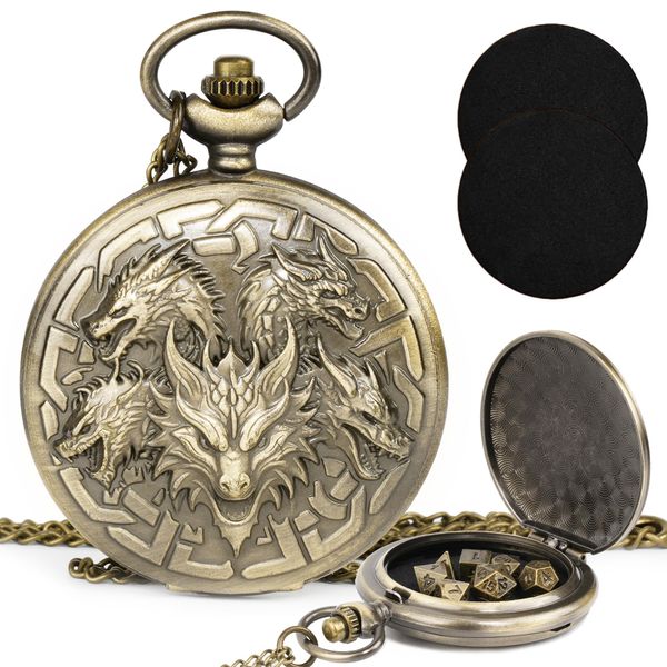 Kabinka DND Dice Set, 7pcs Mini Metal Dice with Pocket Watch Shell,Portable D&D Dice with Necklace,Dungeons and Dragons Dice for RPG(Five-Headed Dragon,Bronze)