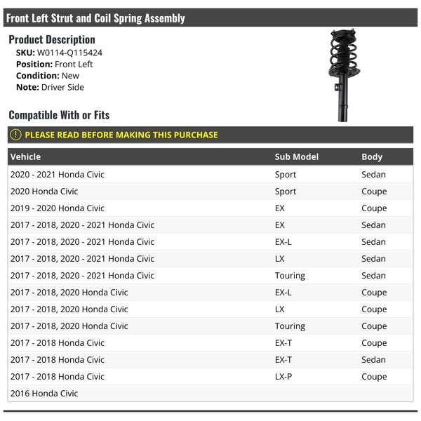 Front Left Driver Side Strut and Coil Spring Assembly - Compatible with 2016-2021 Honda Civic
