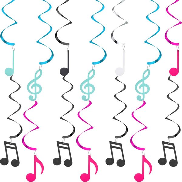 25 Pieces Musical Note Hanging Swirl Music Foil Whirl Theme Party Decoration Cutout Spiral for Wedding Baby Shower Birthday Party Supplies (Black, White, Blue, Pink)