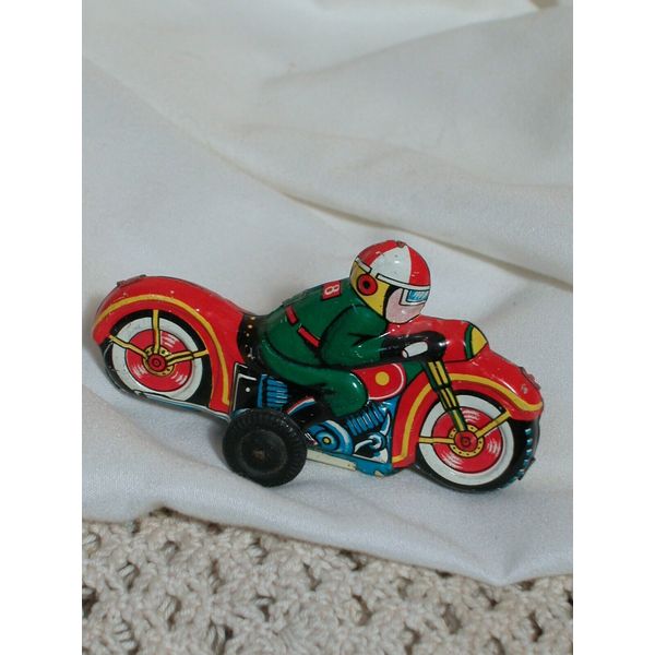 Vintage Red Friction Tin Toy Motorcycle, 3-1/2" made in Japan Original patina