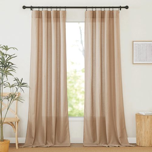 RYB HOME Linen Curtains 90 inch Length Linen Woven Soft Breathable Drapes Blackout Curtains for Living Room, Farmhouse, Nursery, Wide 52 by Long 90 inches, 2 Pcs, Camel