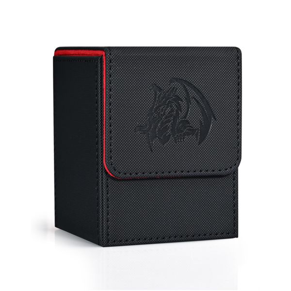 ZLCA Card Deck Box for Trading Cards with 2 Dividers, Card Storage Box Fits 100+ Single Sleeved Cards, PU Leather Card Deck Case Holder for Magic Commander TCG CCG （Black&Red,Emperor Dragon）