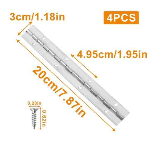 4PCS 8 Inch Sliver Piano Hinges Heavy Duty Stainless Steel 304 Continuous Hinge with Holes Metal Cabinet Hinge 0.4" Leaf Thickness, 1.2" Open Width, 1/8" Pin Diameter