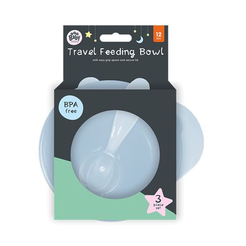 Travel Feeding Bowl 400ml and Spoon Set of 3 Pieces Blue | BPA Free Bowl with Spoon for Baby Led Weaning | First Stage Self Training Feeding Sets for Toddler Kids 12+ Months