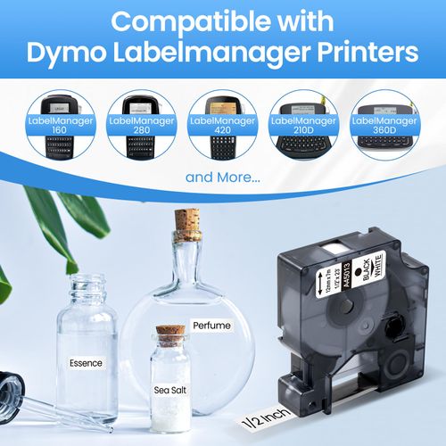 Colorty 6 Pack 45013 Label Maker Tape Refills Compatible with DYMO D1 45013s 12mm Label Tape, Black on White A45013 1/2 in x 23 Ft, for Dymo LabelManager 160 280 210D 360D 420P 220P 260P 450DUO