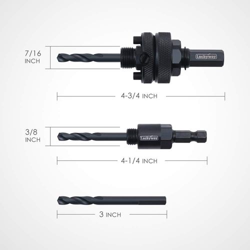 Luckyway 3-Piece Hole Saw Mandrel,Fit 3/4-Inch to 6-Inch Diameter,Including 7/16-Inch and 3/8 Inch Shank Hole Saw Arbor and 3-Piece 1/4 Inch HSS(M2) Central Drills