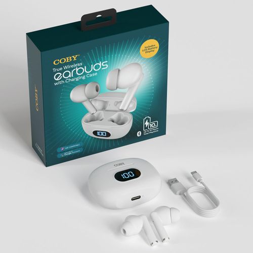 Coby True Wireless Earbuds & Battery Readout Charging Case | Mini Bluetooth Earbuds, Built-in Mic, Lightweight | Sweat-Resistant Gel Tips | Up to 10-HR Total Playtime (White)