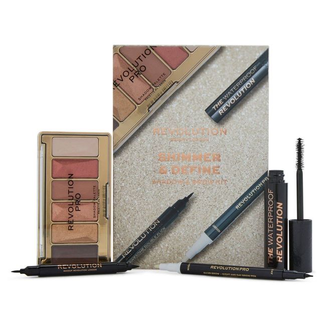 Makeup Revolution Shimmer & Define Shadow and Brow Kit - Mascara, Eyeliner, Eye Palette, Brow Pen