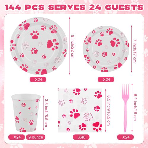 Kochorie 144 Pieces Pink Paw Print Party Tableware Sets Including Disposable Plates Napkins Cups Forks Serves 24 for Dog Puppy Theme Party Supplies