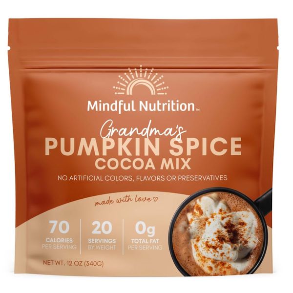 Mindful Nutrition Grandmas Organic Hot Chocolate Mix I Dairy Free Hot Cocoa Mix I Plant Based Chocolate Milk Powder I Organic Dark Chocolate Beverages I Coffee Creamer Substitute Fat Free - 12oz (Pumpkin Spice)