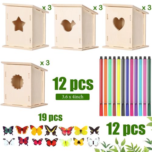 Outus 12 Pcs Wooden Birdhouse Craft Kits to Build, 4 Shapes Wooden Unfinished Bird House with Watercolor Pen and Butterfly Sticker for Boy and Girl Arts and Crafts Bulk Painting Kits (Stylish Style)