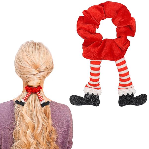 Christmas Hair Scrunchies for Women Girls Hair Ties Christmas Velvet Cartoon Legs Elastic Hair Bands for Kids Ponytail Ties Rope Rubber Bands Ties Hair Accessoires (Red, 1Pack)