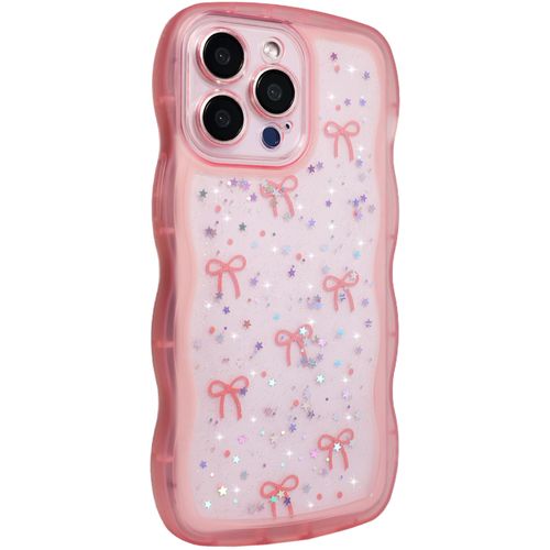 Qokey for iPhone 16 Pro Case, Glitter Star & Curved Edge Handle Grip Design, Military-Grade Shockproof Clear TPU Cover, Sparkle Protection Scratch-Resistant, Holographic Pink Bow