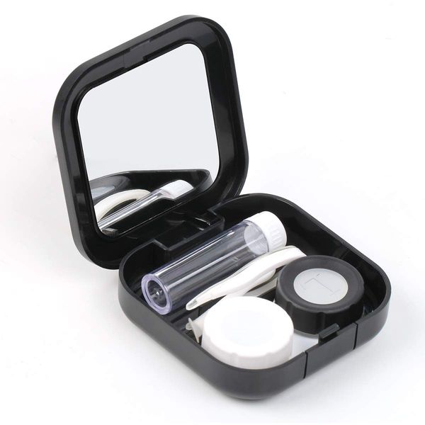 AHIER Portable Contact Lens Case Travel Kit Mirror +bottle + tweezers Container Holder (black)