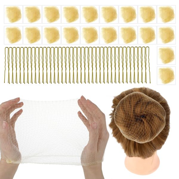 Abeillo Ballet Hair Net Hairnets for Dance Buns, 20 Pcs 50 Cm Individual Package Invisible Hair Nets and 40 Pcs U Shaped Hair Pins Set for Women, Girls, Ballet Dancer, Nurse (Beige)