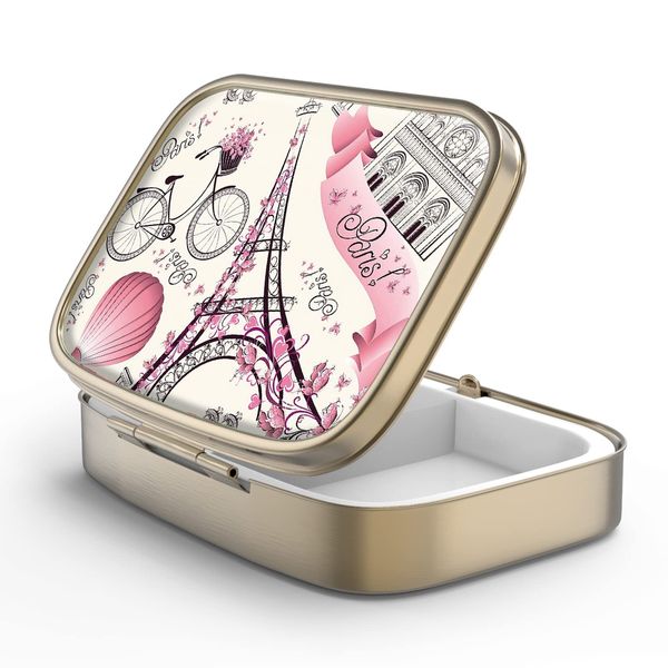 Pill Case with Mirror, Small Medicine Case, Portable, Cute, Stylish, Supplement Case, Portable (F-12 - Paris Eiffel Tower)