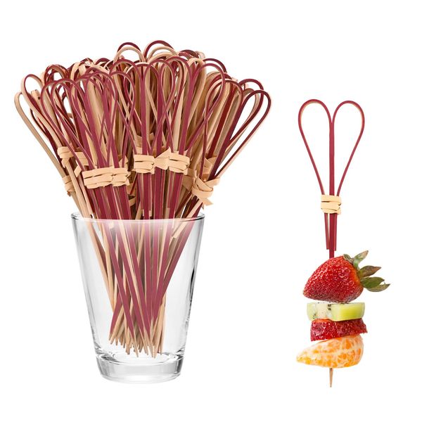 Bekecidi Bamboo Cocktail Sticks, 100 PCS Food Picks Natural Bamboo Knot Skewers Fruit Sticks Bamboo Toothpicks Cocktail Garnish Stick for Drinks, Canapes, Appetizers Food Party Supplies 12cm (Red)