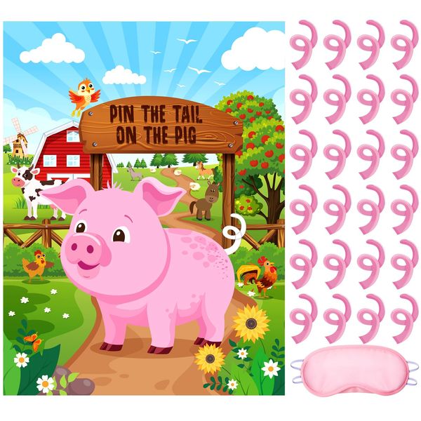 Faccito Pin The Tail on The Pig Party Game Farm Party Decorations Farm Animal Party Games Set Pig Poster with 24 Pig Tail Stickers Blindfold for Animal Birthday Party Favors Supplies