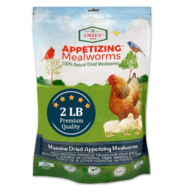 Amzey Dried Mealworms -2 LBS- 100% Natural Non GMO Mealworms -Food for Chicken- High Protein Mealworms for Bird, Duck Food, Bearded Dragon Diet, Gecko Food, Turtle Food, Lizard Food - Bulk Mealworms