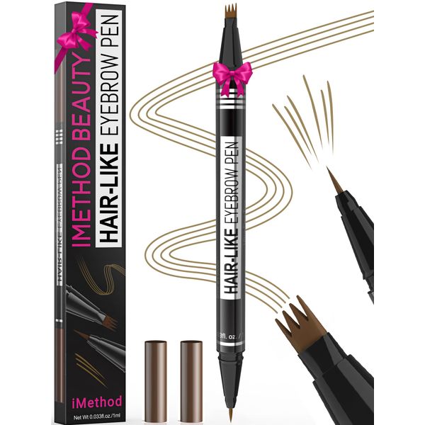 iMethod Microblading Eyebrow Pen - Eyebrow Pencil Magical 2-in-1 Dual-Ended Eye Brow Pencils for Women with 4-Fork-Tip & Precise Brush-Tip Create Natural Hair-Like Brows, Last All-Day, Light Brown