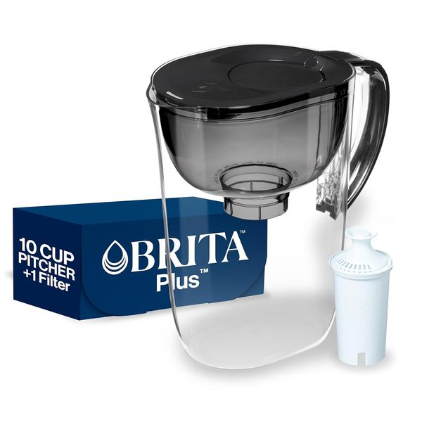 Large 10 Cup Water Filter Pitcher, 1 plus Filter, Everyday, Black (Package Ma...