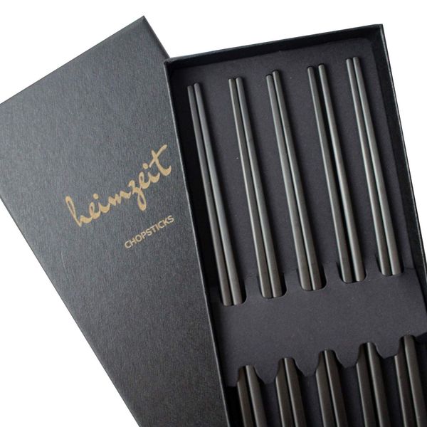 heimzeit Metal Chopsticks Made of Stainless Steel, Black, 5 Pairs of Chopsticks in a Stylish Design, Chopsticks Reusable and Dishwasher Safe